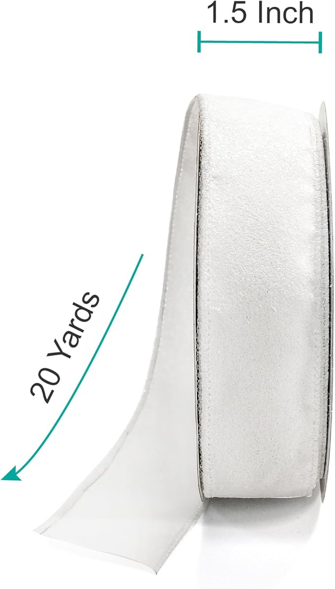 CT CRAFT LLC Glitter Wired Ribbon 1.5" x 20 Yards White for Christmas Home Decor Bow Gift Wrapping DIY Crafts Wreath