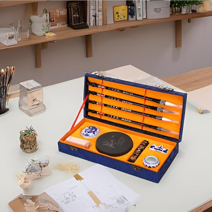 MEGREZ Chinese Calligraphy Set for Beginners, Comes with Calligraphy & Sumi Brushes,Calligraphy Ink Stick and Ink Stone for Writing and Drawing, Blue Gift Box(10 Items)