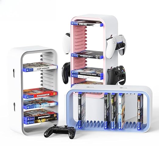 wigmoa OYO-1 15.8INCH Game Storage Tower Compatible with PS5/ Xbox Series S & X/Switch, Universal Video Discs Organizer 18 PCS with 4 Controller Holder, Game Disk Box Stand (White/Gray)