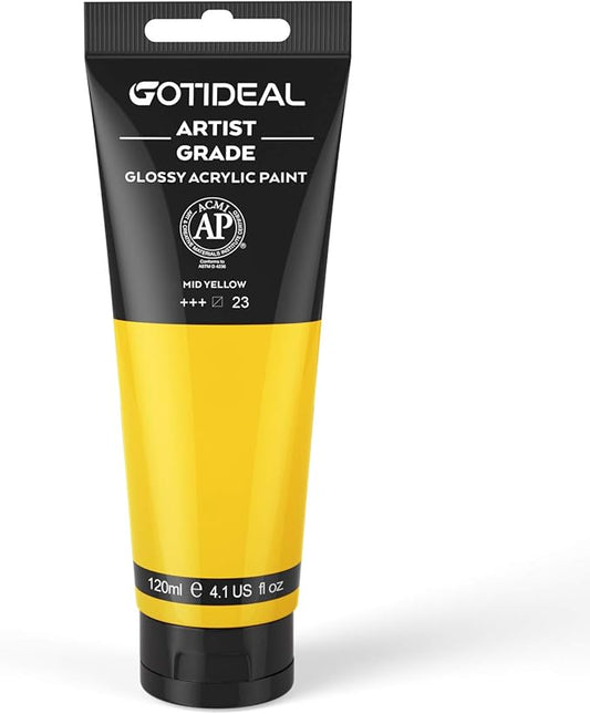 GOTIDEAL Acrylic Paint Mid Yellow Tubes(120ml, 4.1 oz) Non Toxic Non Fading,Rich Pigments for Painters, Adults & Kids, Ideal for Canvas Wood Clay Fabric Ceramic Craft Supplies (Mid Yellow)
