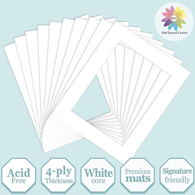 MBC Mat Board Center, 10 Pack 8x10 for 6x8 White Picture Mats Frame Mattes, Bevel Cut, Acid Free, 4-ply Thickness