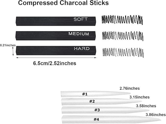 CAMATTO 14 PCS Blending Stumps and Tortillions Paper Art Blenders Tool with Sandpaper Pencil Sharpener Pointer Compressed Charcoal Sticks for Student Artist Charcoal Sketch Drawing Shading