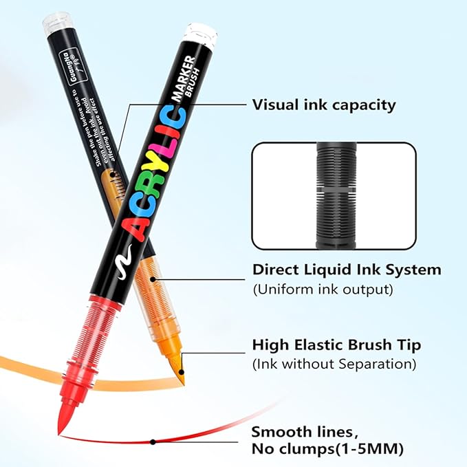 Acrylic Paint Markers Pens, 36 Vivid Colors Acrylic Markers Set,Direct Liquid Type, Stackable Color, Odorless Soft Head，Markers for School，Tooli Art ，Fabric & Creative Crafts (36)