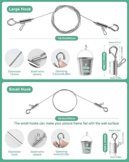2PCS Adjustable Picture Hanging Wire 1.5m x 1.5mm Large Hooks, Picture Frame Wire Kit Heavy Duty 100lbs, Stainless Steel for Art, Mirror, Light Lamp, Billboards, Basket Flowerpot