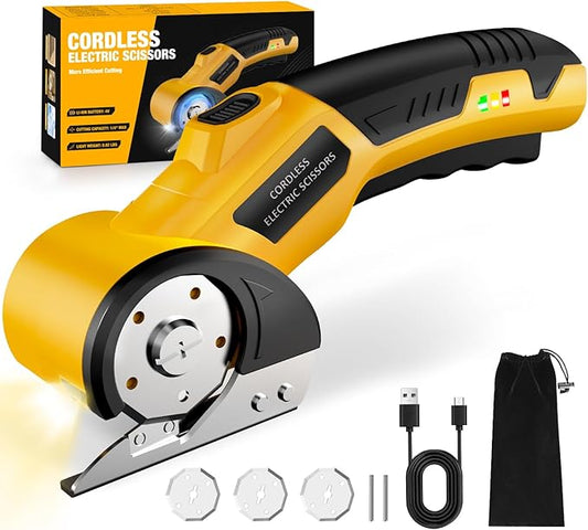 Cordless Electric Scissors: 4V Rechargeable Cardboard Cutter, 3 Blades, Safety Lock & LED Light, Box Cutter for Carton Carpet Plastic Fabric Leather(Yellow）