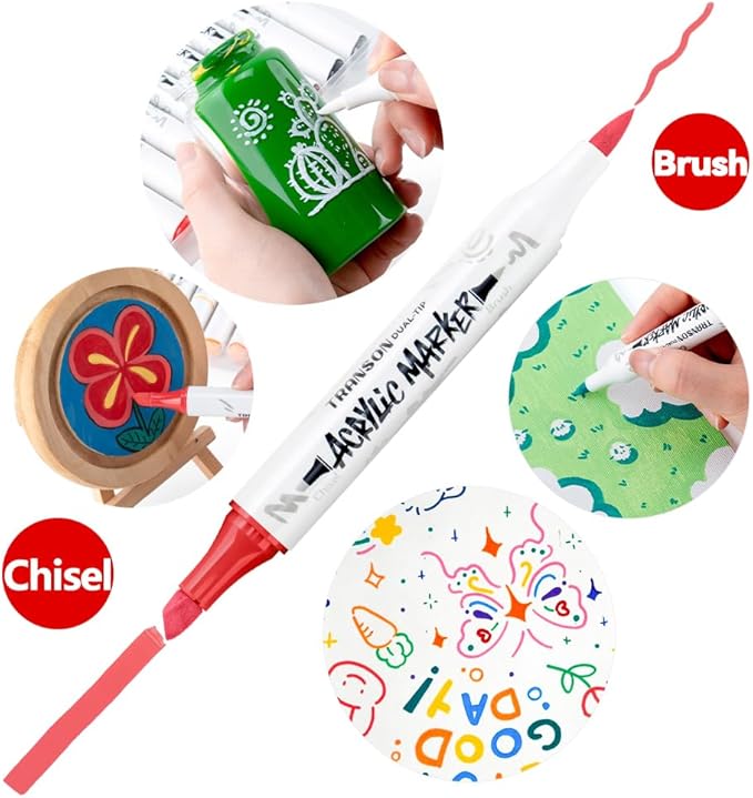 TRANSON 24 Colors Chisel and Brush Dual-tip Acrylic Paint Marker Pen Set for Canvas Rock Wood Leather Ceramic DIY Painting