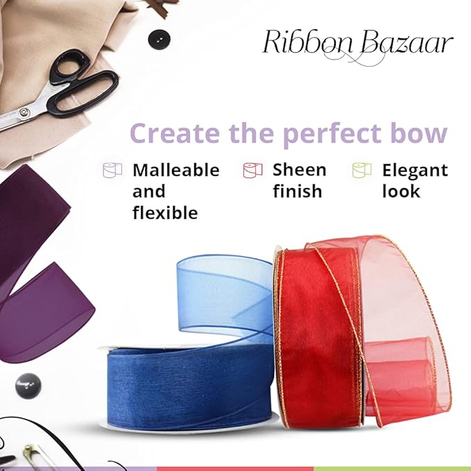 Ribbon Bazaar Sheer Organza Wired Ribbon - 100% Polyester Wire Edged Ribbon for Floral Decor, Table Arrangements, Apparel Embellishment & More - 1-1/2" Turquoise 25yd