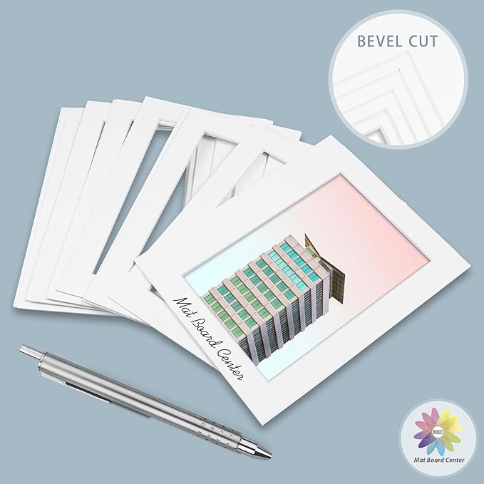 MBC Mat Board Center, 5 Pack 12x16 for 9x12 White Picture Mats Frame Mattes, Bevel Cut, Acid Free, 4-ply Thickness