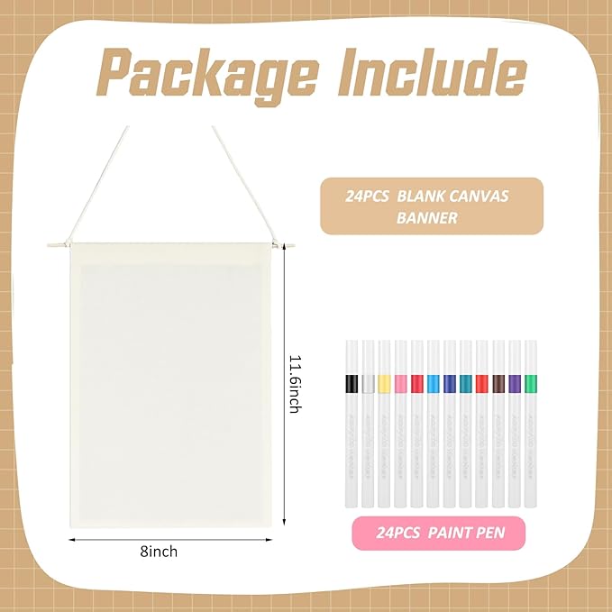 Mindsoft 48 Pcs Blank Canvas Banner Bulk Color Your Own Vertical Banner with Hanger with 12 Colorful Fabric Markers Pens Wall Display Banners for DIY 24 Students Paint Art Classroom School Camp Party