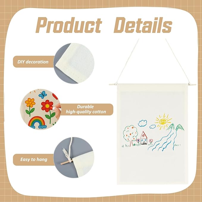 Mindsoft 48 Pcs Blank Canvas Banner Bulk Color Your Own Vertical Banner with Hanger with 12 Colorful Fabric Markers Pens Wall Display Banners for DIY 24 Students Paint Art Classroom School Camp Party