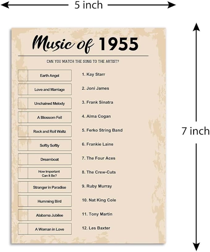 QUPT 70th Birthday Party Games, Music of 1955 Games, Birthday Party Supplies for Adults, Fun 1955s Party Game, Pack of 30 Cards