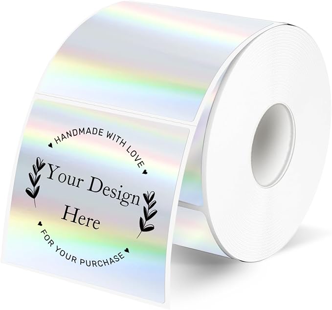 Square Thermal Labels Stickers 2" x 2", Holographic Silver Thermal Stickers Labels, Glitter Self-Adhesive Direct Thermal Label for Small Business