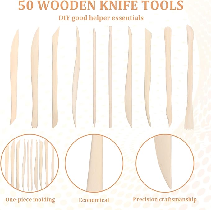 50PCS Wooden Clay Sculpting Tools, 6.2'' Smooth Double Ended Clay Modeling Tools, Polymer Clays Tool Sculpting, Wood Pottery Tool Kit for Ceramics Soap Playdough Carving Supplies