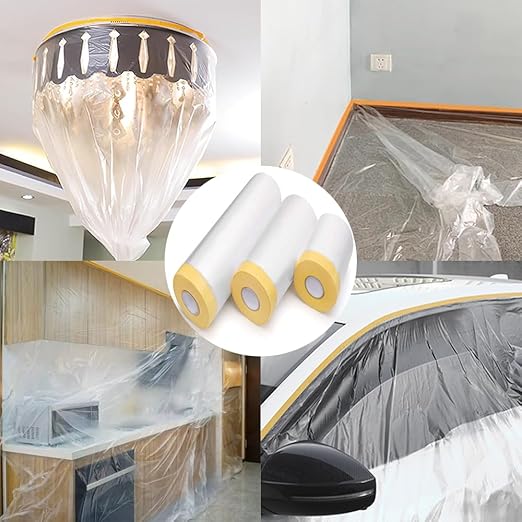 Pre-Taped Masking Film-43inx65ft Tape and Drape Painters Plastic Rolls, Plastic Painting Film for Automotive Painting Covering,Protective Drop Film for Furniture, Car, Floor (4rolls, 43in×65ft)