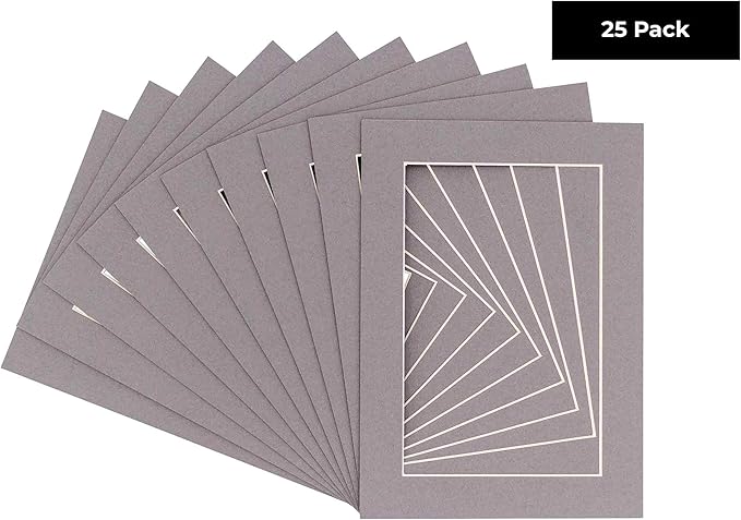 5x7 Mat for 8.5x11 Frame - Precut Mat Board Acid-Free Show Kit with Backing Board, and Clear Bags Charcoal 5x7 Photo Matte Made to Fit a 8.5x11 Picture Frame Matboard for Framing, Pack of 25 Mats