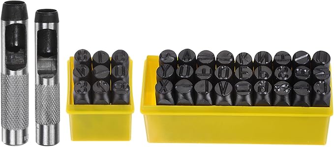 HARFINGTON 36pcs Metal Stamping Kit 1/2" (12.5mm) (A-Z, 0-8, "&" Symbol) Steel Letter Punch Press Tool with Hole Punch to Stamp on Metal, Plastic, Wood, Leather, Black