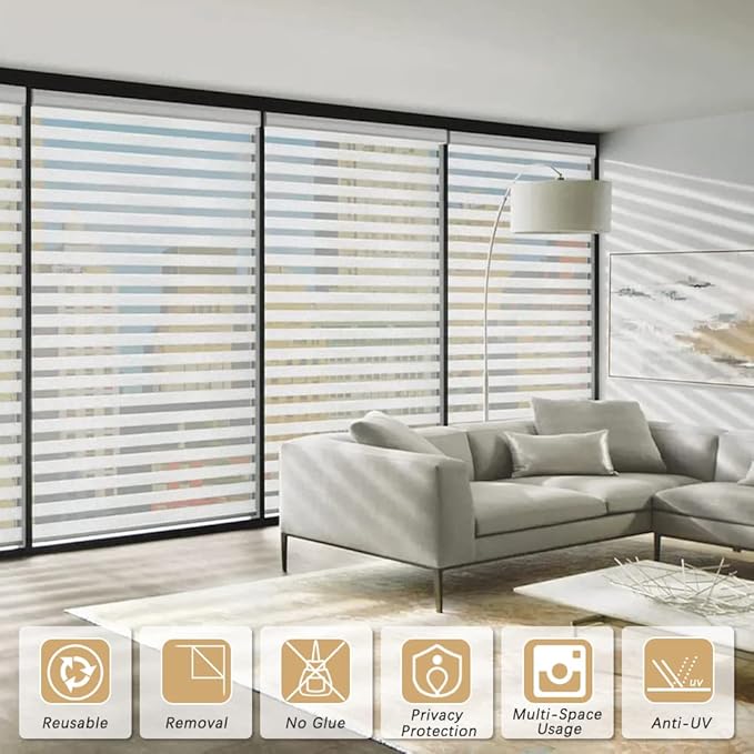 Qualsen Privacy Window Film, Frosted Windows Privacy Film, Frosting Cling for Glass, Anti-UV Reeded Blinds Sticker for Home Office Meeting Room, Stripe Patterns, 35.4x78.7inch