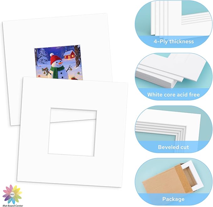 Mat Board Center, 8x8 White Mats for 4x4 Pictures - Acid Free, 4-ply Thickness, White Core, Bevel Cut - for Artworks, Photos, Framing - Pack of 12
