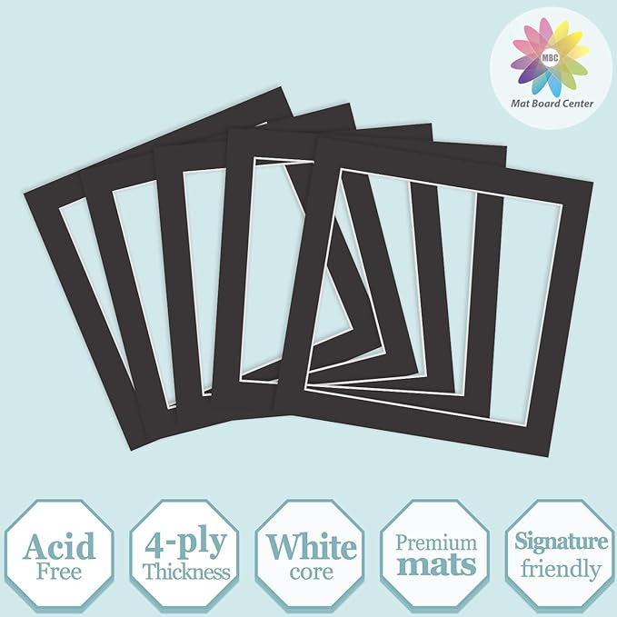 MBC Mat Board Center, 5 Pack 12x12 for 10x10 Black Picture Mats Frame Mattes, Bevel Cut, Acid Free, 4-ply Thickness