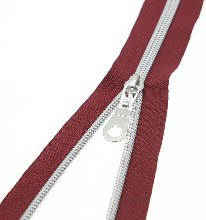 Leekayer #5 Metallic Silver Nylon Coil Zippers by The Yard Bulk 10 Yards Wine Color Zipper Tape with 25pcs Silver Sliders for DIY Sewing Tailor Craft Bag(Wine)