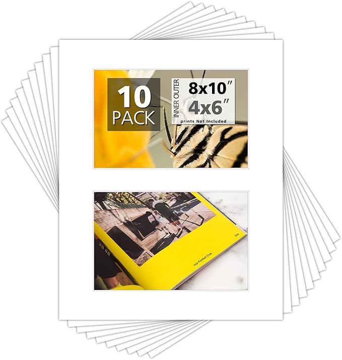 Mat Board Center, Pack of 10, Photo Picture Mats - Acid Free, 4-ply Thickness, White Core - for Pictures, Photos, Framing (8x10 for 2-4x6 White)