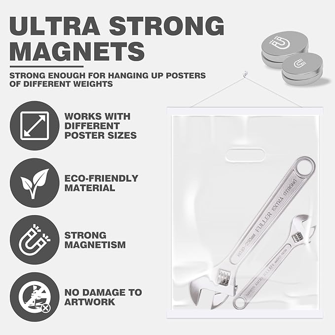 Ywlake Magnetic Poster Hanger, 10x10 10x32 10x20 Poster Frame Wood Wooden Magnet Print Posters Dowel Scroll Hanger Hangers Hanging Kit for Walls Map Canvas Artwork (White, 10")