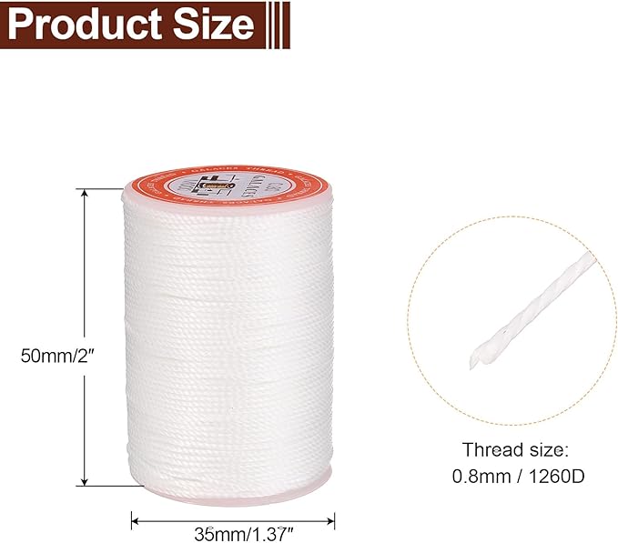 uxcell Round Leather Sewing Waxed Thread, 55m / 60 Yards Wax Polyester String, 0.8mm Waxed Stitching Cord for Leather Crafts, Bookbinding, Bracelets Braided, White