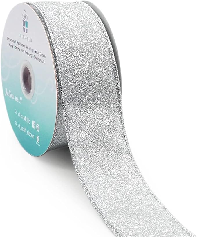 CT CRAFT LLC Glitter Wired Ribbon 1.5" x 10 Yards Silver for Christmas Home Decor Bow Gift Wrapping DIY Crafts Wreath