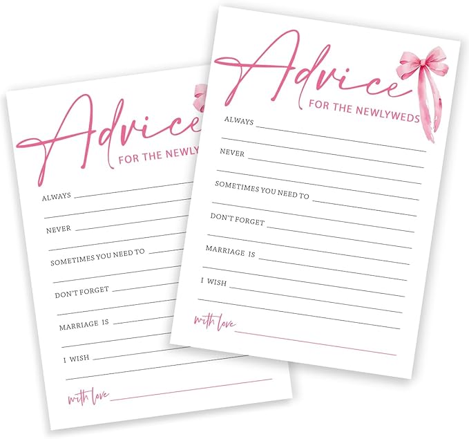 Wedding Shower Games Cards, Advice for The Newlyweds, Bridal Shower Games 25 Guests, Engagement Party Wedding Games for Guests, Pink Ribbon Bow Wedding Party Supplies - E01