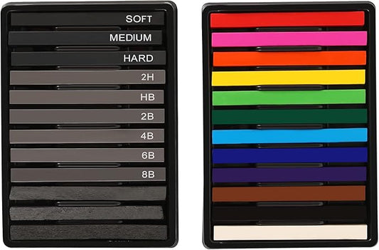 Chalk Pastels, Vine Charcoal and Graphite Sticks for Artists Drawing, Set of 24 Pcs
