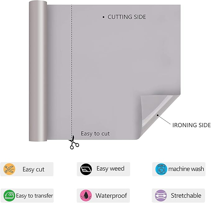 HTV Iron on Vinyl 12Inch by 12ft Roll Heat Transfer Vinyl for T-Shirt HTV Rolls for All Cutter Machine - Easy to Cut & Weed for Heat Transfer Design (12ft, Gray)