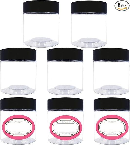 4 oz Plastic Jars with Lids,8 Pack Wide-mouth Clear Storage Containers, Empty Round Clear Plastic Jars with Lids and labels for Body Butter, Bath Salt, Slime and Beauty Products