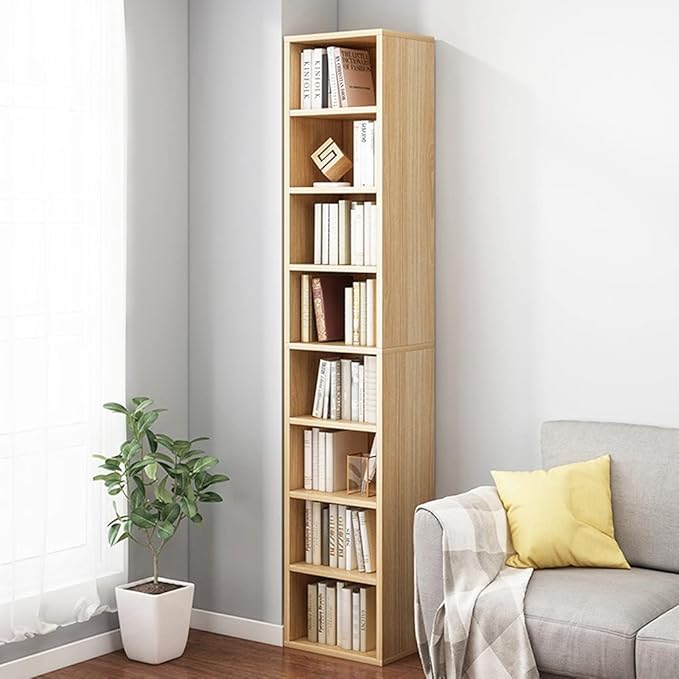 IOTXY Small Narrow Corner Bookcase - 71 Inches Tall Gap Freestanding Storage Cabinet, 8 Lattices Open Shelves Tower Rack, Cubes Bookshelf in Oak