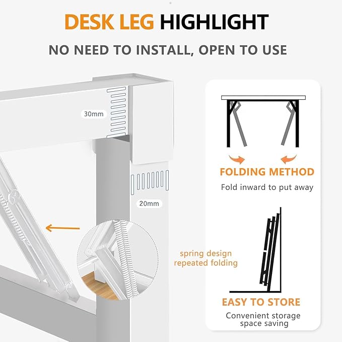 39.4 Inch Foldable Desks for Small Spaces,Foldable Desk No Assembly,Small Table for Bedroom,White.