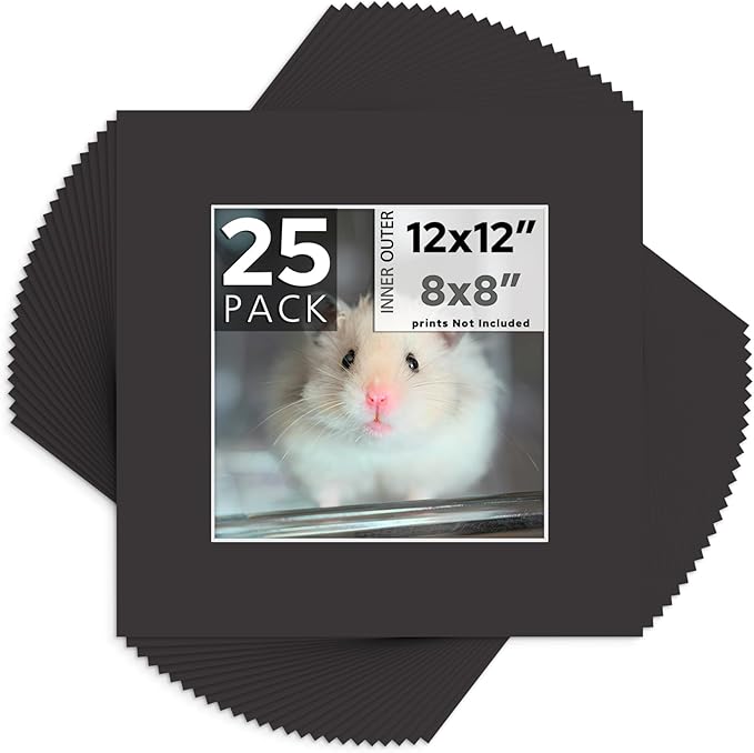 Mat Board Center, Pack of 25, 12x12 for 8x8 Black Mats - Acid Free, 4-ply Thickness, White Core - for Pictures, Photos, Framing