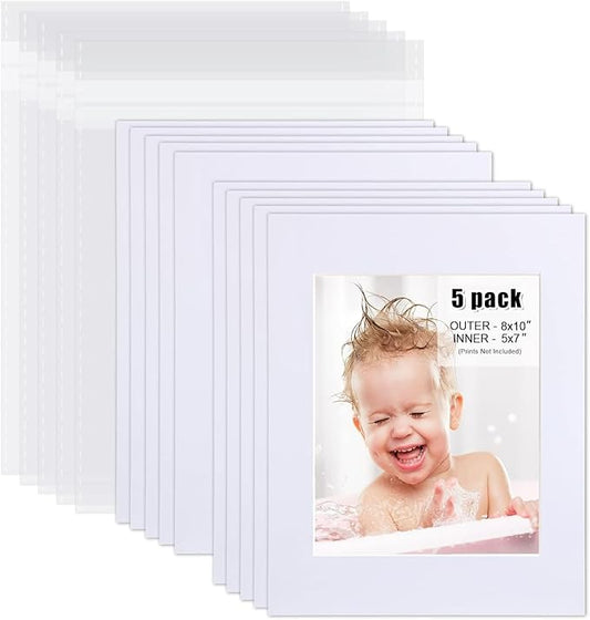 Egofine Pack of 5 White Mat Board Pre-Cut 8x10 Picture Mat for 5x7 Photo with White Core Bevel Cut Mattes Sets. Includes 5 High Premier Acid Free Mats & 5 Backing Board & 5 Clear Bags