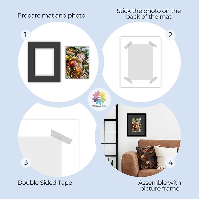 Mat Board Center, Pack of 25, 8x10 for 5x7 Black Mats - Acid Free, 4-ply Thickness, White Core - for Pictures, Photos, Framing