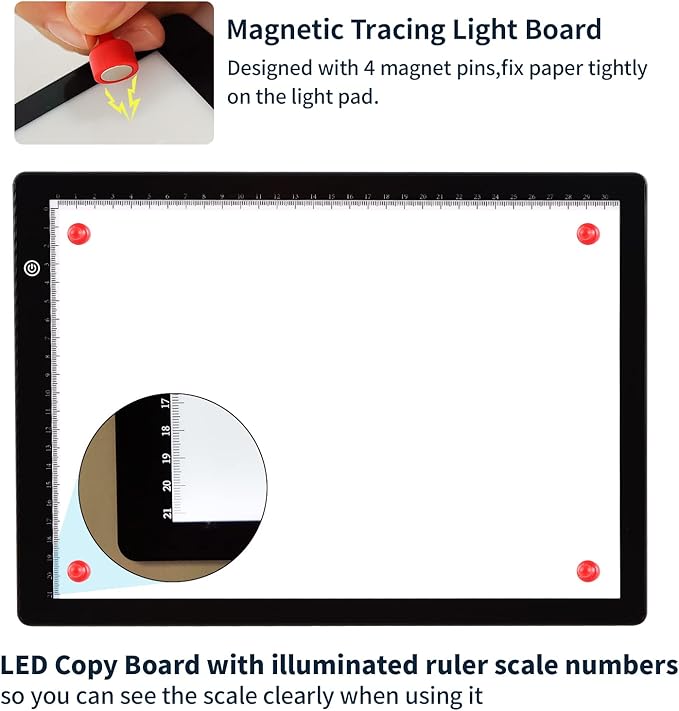 A4 Ultra-thin Portable LED Light Box Tracer with 4 Magnets, Type C USB Power Cable Stepless Dimmable Brightness Tracing Light Pad for Weeding Vinyl Tattoo Drawing X-ray Viewing Diamond Painting