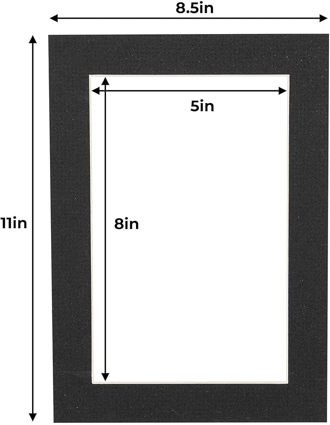 5.5x8.5 Mat for 8.5x11 Frame - Precut Mat Board Acid-Free Show Kit with Backing Board, and Clear Bags Textured Black 5.5x8.5 Photo Matte For a 8.5x11 Picture Frame Matboard for Framing, Pack of 1 Mat