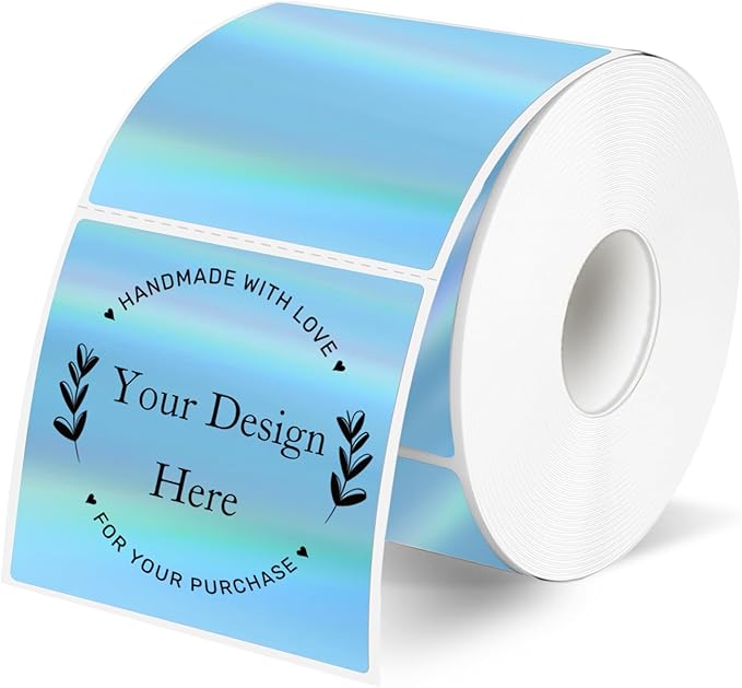 2" x 2" Square Thermal Labels Stickers, Holographic Thermal Stickers Labels, Waterproof Glitter Direct Thermals Label for Small Business, DIY Design- Holographic Blue