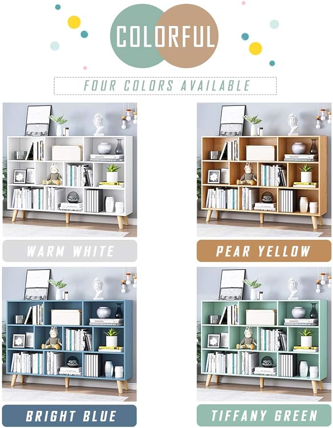 IOTXY Wooden Open Shelf Bookcase - 3-Tier Floor Standing Display Cabinet Rack with Legs, 10 Cubes Bookshelf, Bright Blue