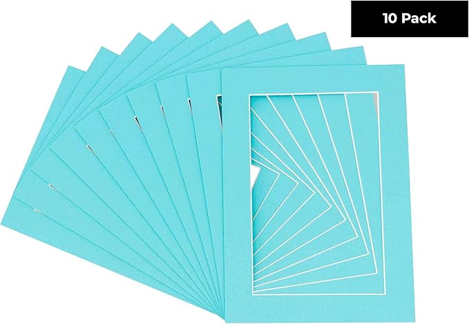 Pack of TEN 8x10 Mats Bevel Cut for 5x8 Photos - Acid Free Aquamarine Blue Precut Matboards For Pictures, Photos, Framing - 4-ply Thickness