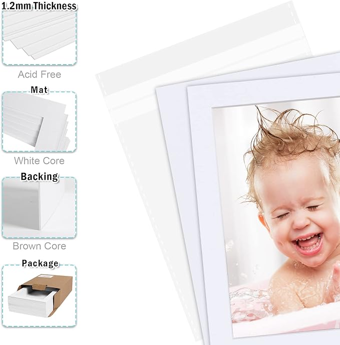 Egofine Pack of 25 White Mat Board Pre-Cut 8x10 Picture Mat for 5x7 Photo with White Core Bevel Cut Mattes Sets. Includes 25 High Premier Acid Free Mats & 25 Backing Board & 25 Clear Bags