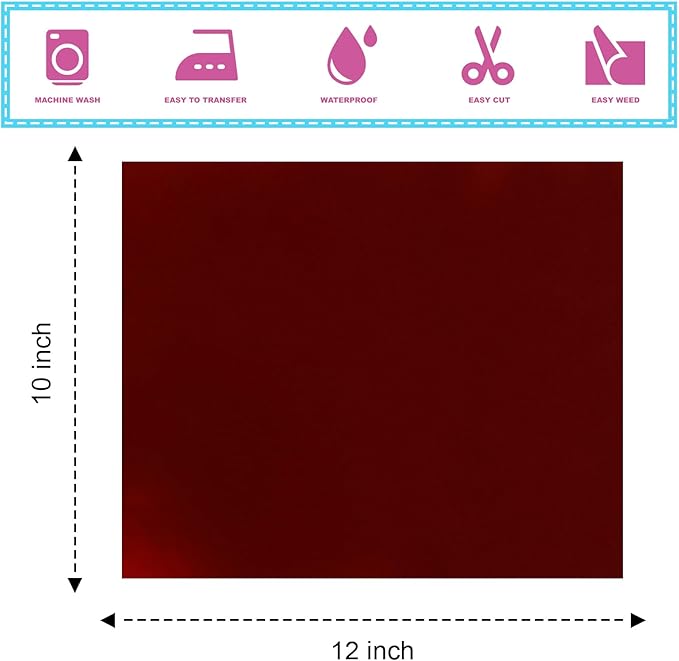 Sheet Metallic Foil Heat Transfer Vinyl Wine red, 12*10*12PCS Bundle Chrome HTV Pack inVibrant Colors for Stunning T-Shirt Designs! Perfect for DIY heat transfer vinyl (Wine red, 12*10*10PCS)
