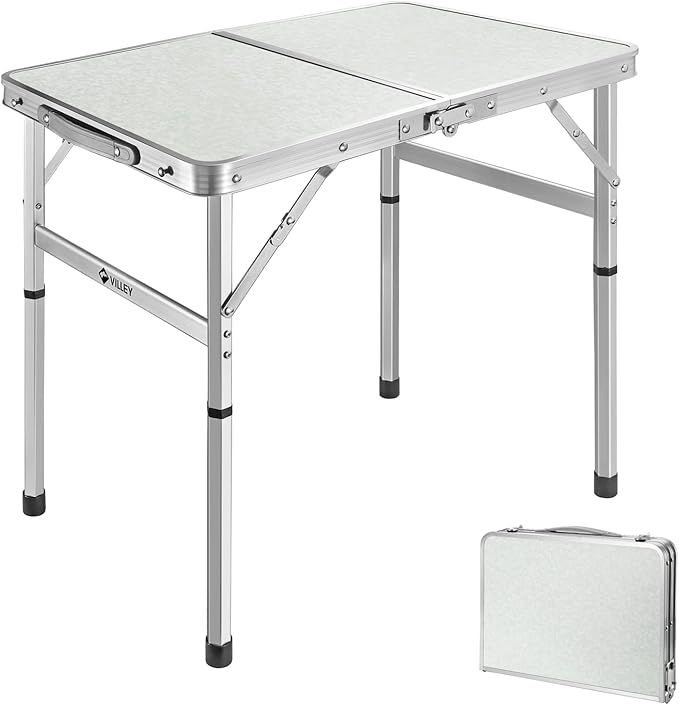 VILLEY Folding Camping Table, 2ft Small Portable Lightweight Outdoor Table with Aluminum Adjustable Legs for Travel Picnic Cooking Beach
