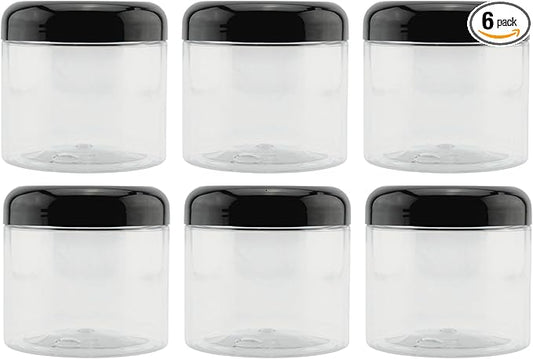 Cornucopia Brands 16oz Clear Plastic Jars w/Domed Lids (6-Pack); BPA Free PET Stackable Straight Sided Canisters for Bathroom & Kitchen Storage