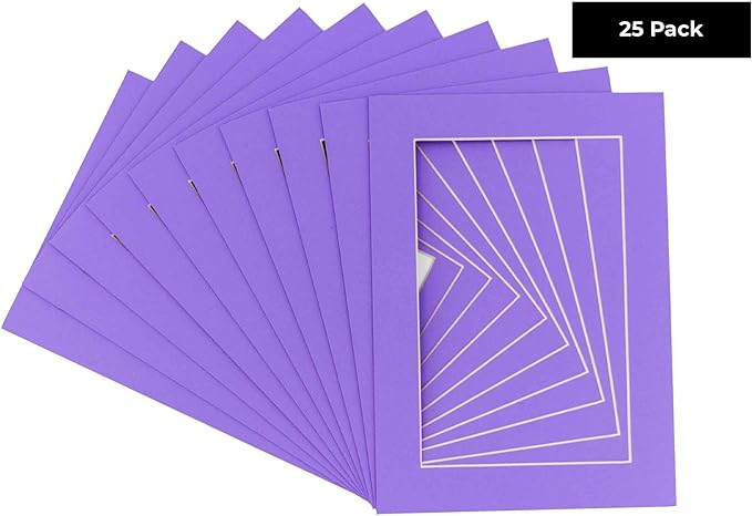 Pack of 25 Acid Free 8x10 Mats Bevel Cut for 5.5x8.5 Photos - Light Purple Precut Matboards With Backing Boards and Clear Photo Mat Bags For Pictures, Photos, Framing - 4-ply Thickness