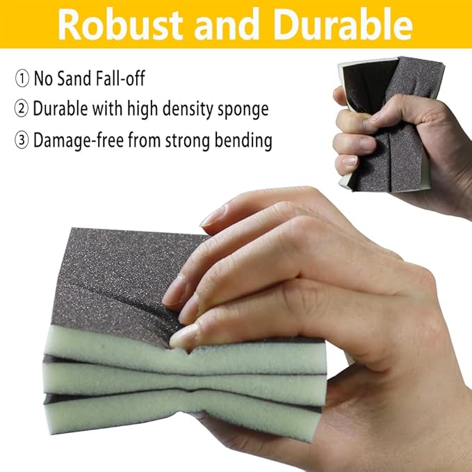 16PCS 320 Grits Sanding Sponge Fine Coarse Sanding Block, Washable and Reusable Wet Dry Sandpaper Sponge， Sander Sponges for Wood Drywall Metal Wood