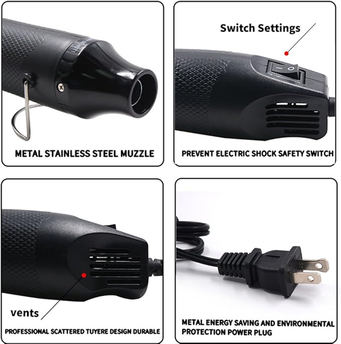Heat Gun,mofa Hot Air Gun Tools Shrink Gun with Stand For DIY Embossing And Drying Paint Multi-Purpose Electric Heating Nozzle 300W 110V (Black,Black)