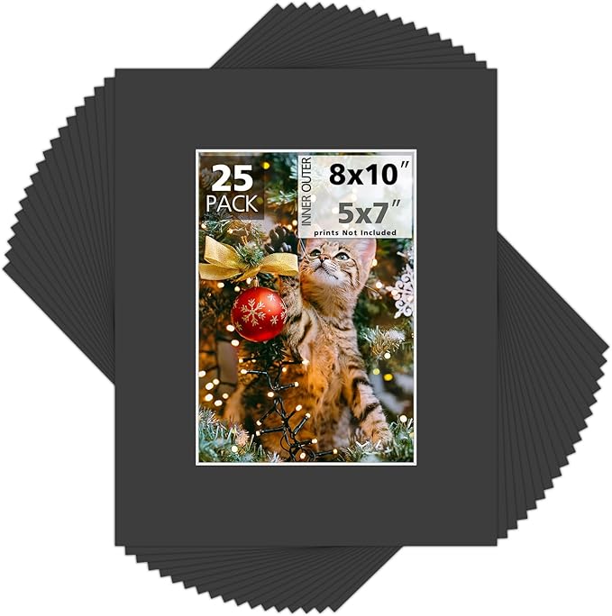Mat Board Center, Pack of 25, 8x10 for 5x7 Black Mats - Acid Free, 4-ply Thickness, White Core - for Pictures, Photos, Framing